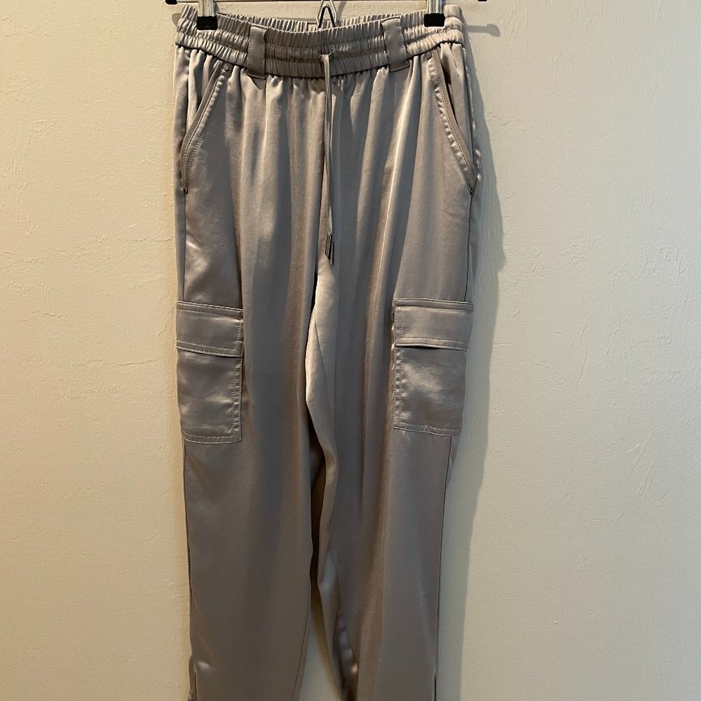Satin look relaxed jogger-style pants in grey-silver color size US 0